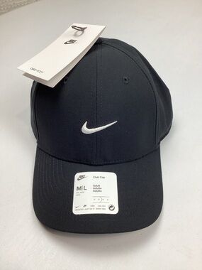 Nike Dri-Fit Black Club Cap Hat White Swoosh Adult Unisex M/L NEW! Retail $26